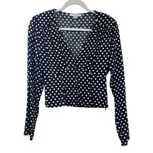 Favlux Retro Polka Dot Blouse V-Neck Long Sleeve Small Black White Pinup